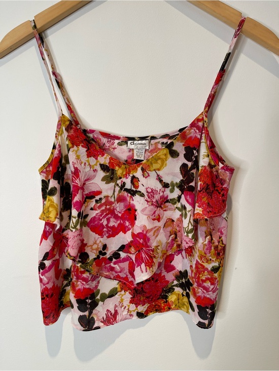 Dynamite Tops - Vintage Dynamite Floral Flowy Ruffle Spaghetti Strap Cami Top Tropical Pink